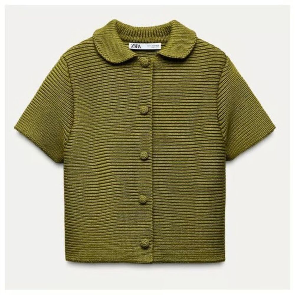 Green Zara Textured Peter Pan Collar Button Front Short Sleeve Cardigan Sweater